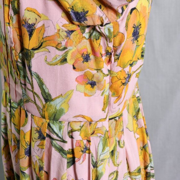 Free People Tegan Mini Dress 12 Pink Orange Floral Long Bell Sleeve V-Neck Pleat - Picture 11 of 16